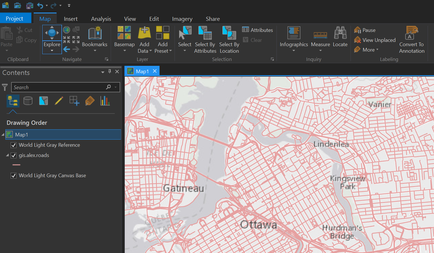 Screenshot of QGIS depicting roads in the Ottawa area.