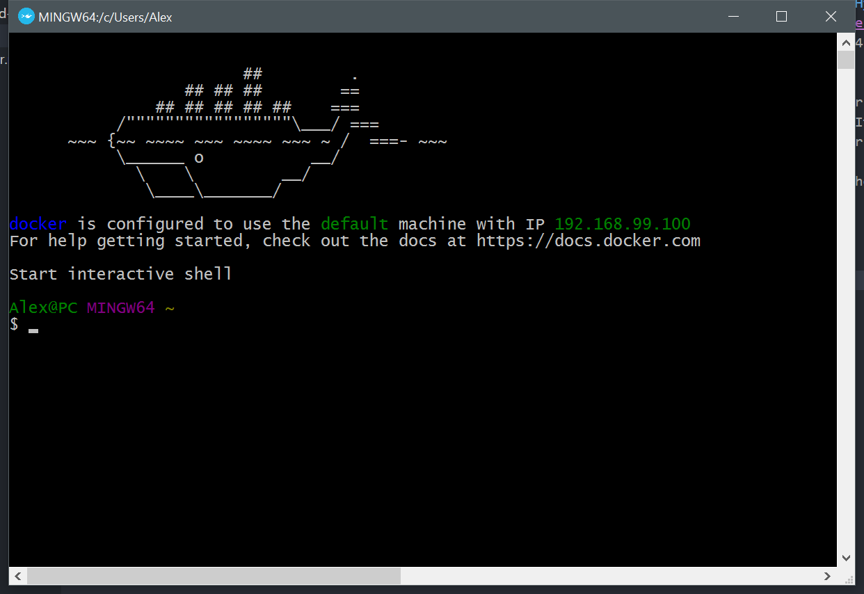 Screenshot of the Docker quickstart terminal.